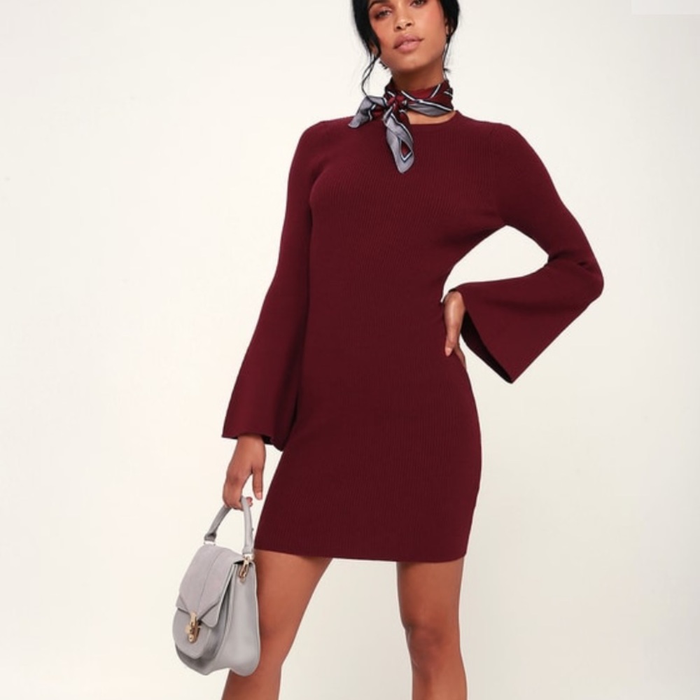 Lulu’s Hold me burgundy bell sleeve bodycon dress